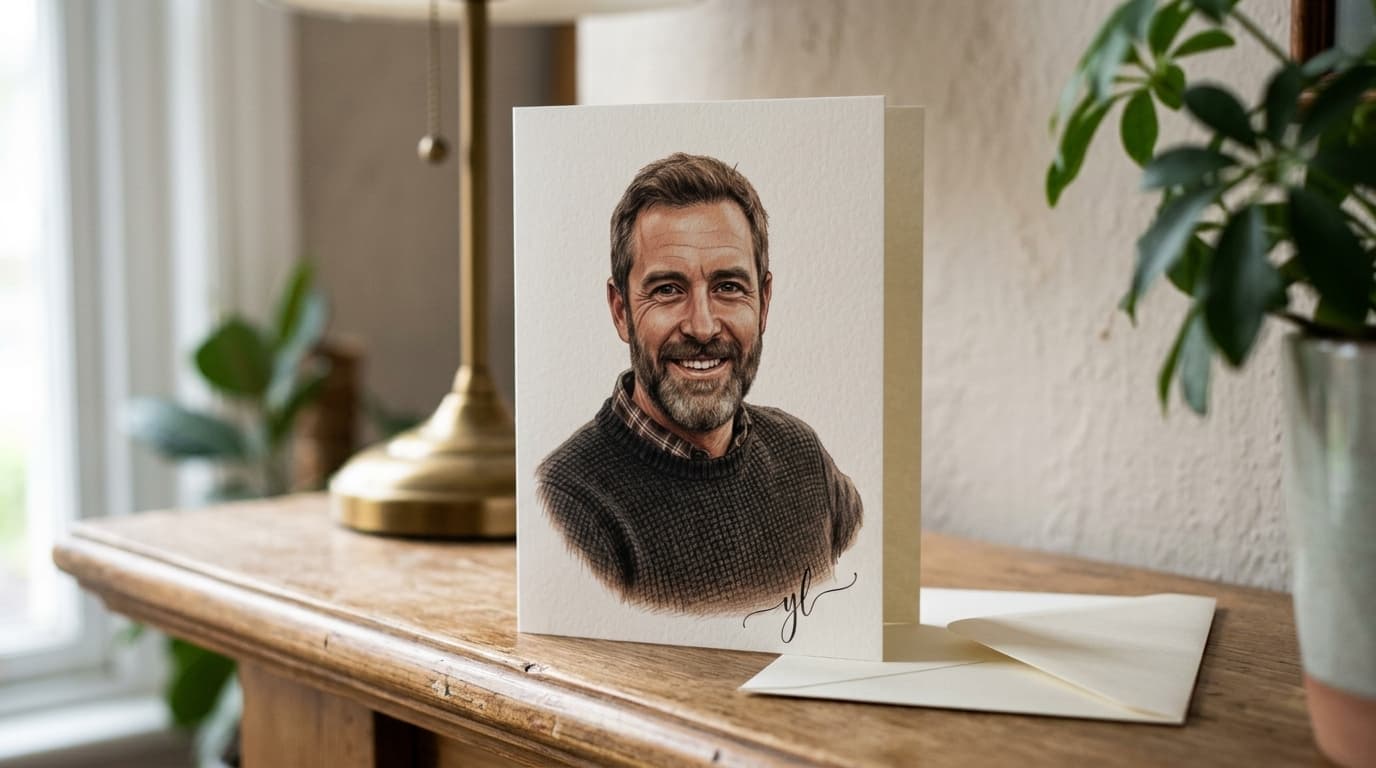 A flat 5×7 card carrying a watercolour portrait, standing on a wooden sideboard beside its envelope