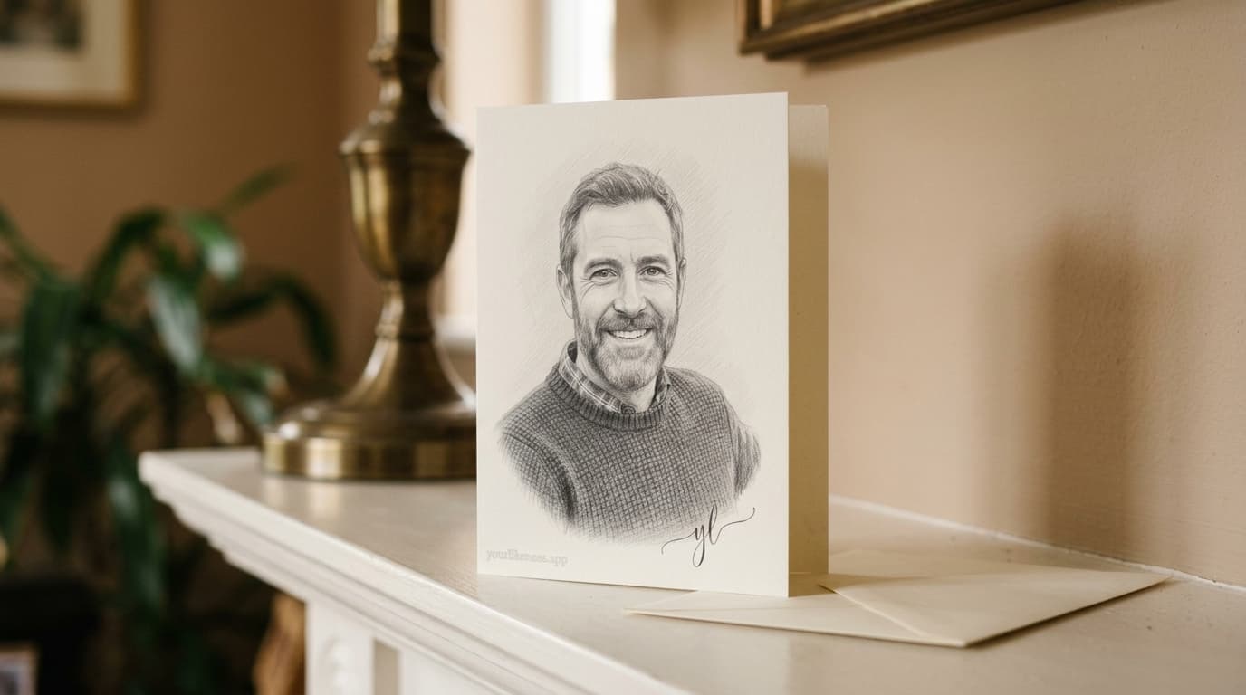 A flat 5×7 card carrying a pencil portrait, standing on a white mantelpiece beside its envelope