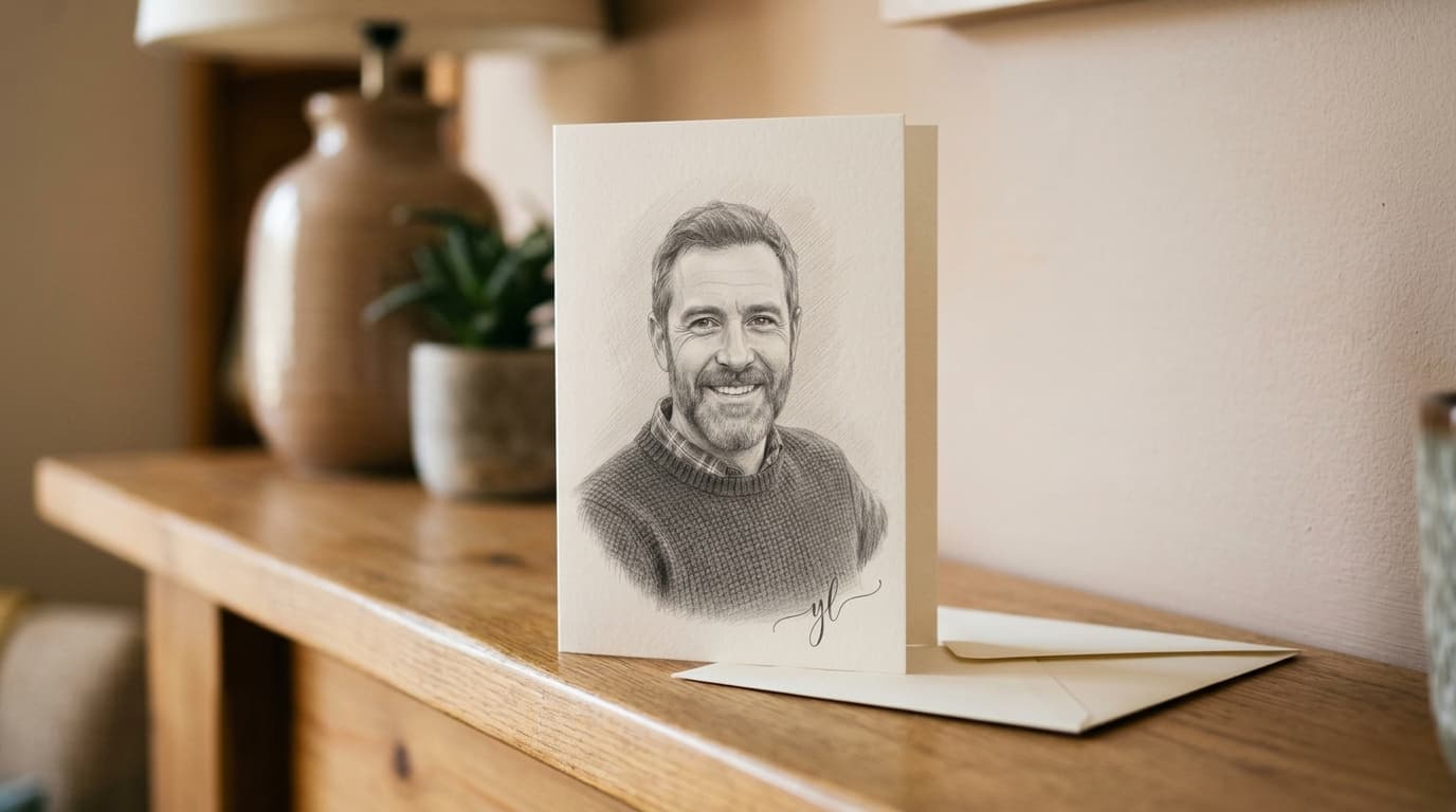 A flat 5×7 card carrying a pencil portrait, standing on a wooden sideboard beside its envelope