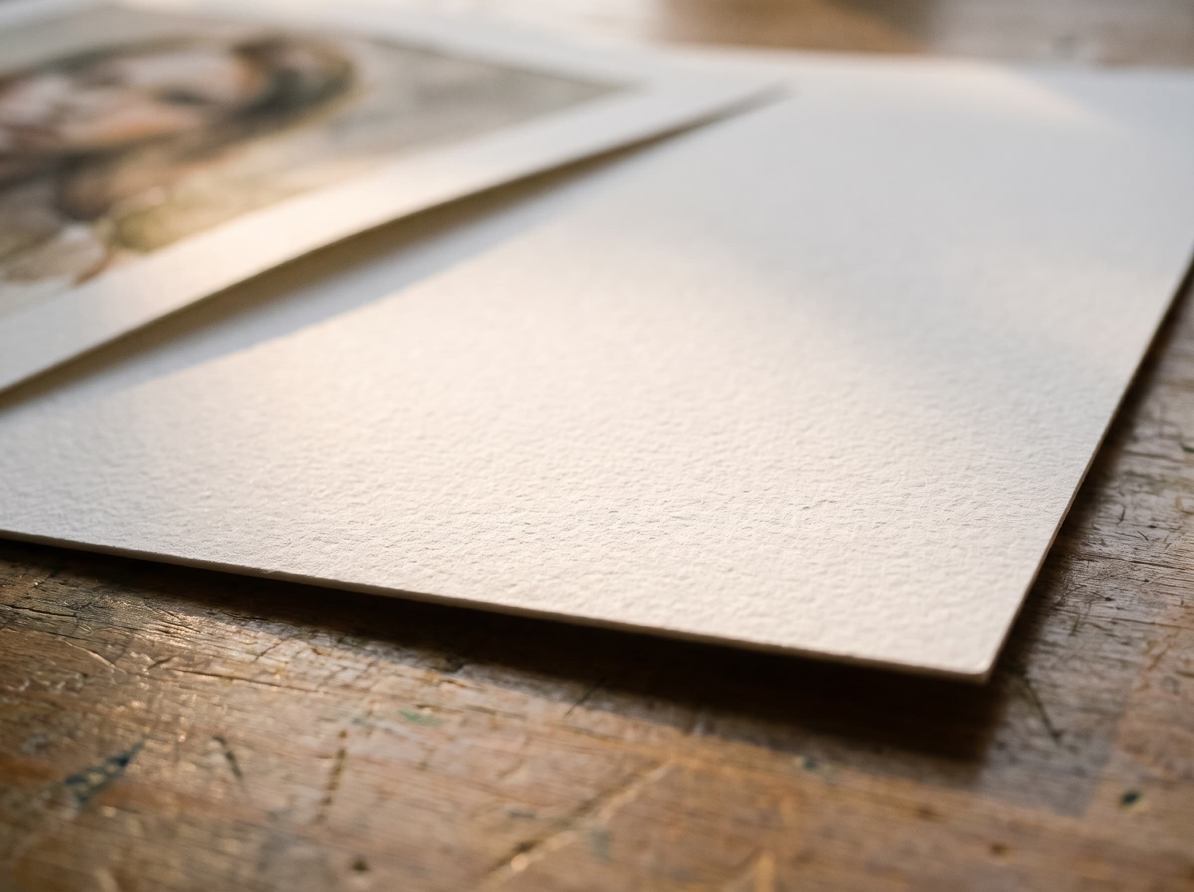 A sheet of heavy cotton rag paper in raking light, its texture visible