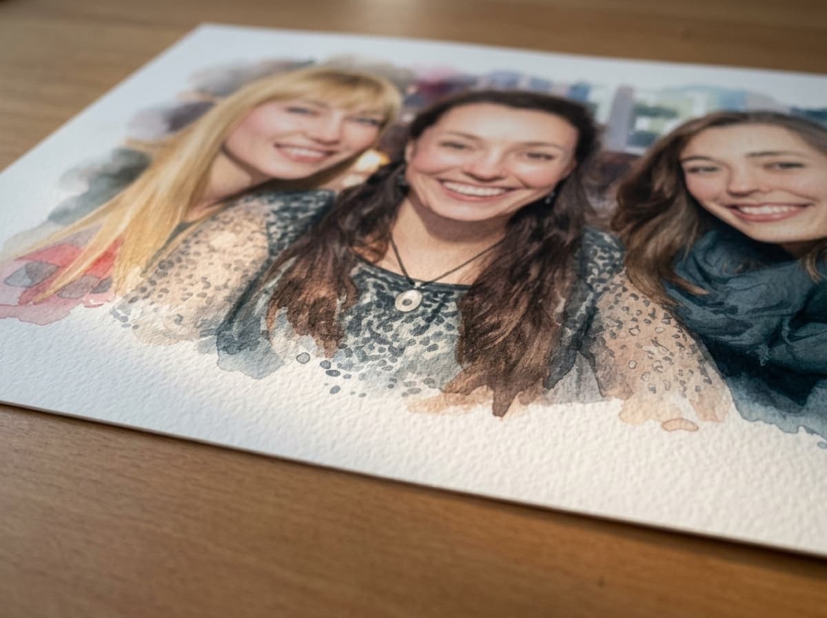 A watercolour portrait printed on heavy cotton rag paper, lying on a wooden table, the paper's texture catching low light