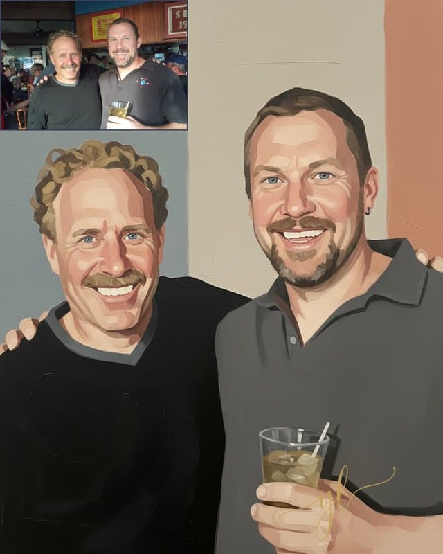A snapshot of two friends in a busy bar, and the modern portrait created from it
