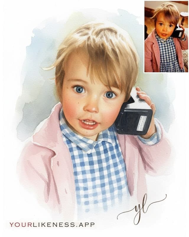 A 1993 photo of a toddler in a pink cardigan holding a big mobile phone to her ear, and the watercolor portrait created from it