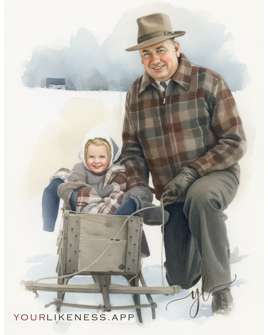 The watercolor portrait created from it: the grandfather in his plaid coat and hat, the girl smiling on the sled