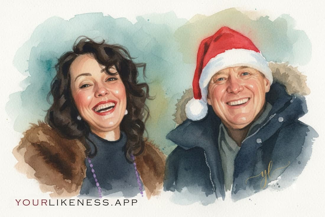 The watercolor portrait created from it: the two of them laughing, he in a Santa hat