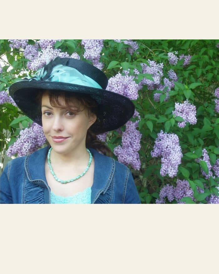 A woman in a hat by the lilacs - the photograph, and the watercolour painted from it