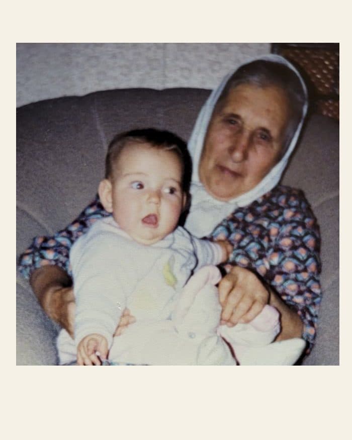 A great grandmother with the baby - the photograph, and the watercolour painted from it