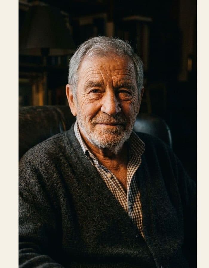 An older man - the photograph, and the modern portrait painted from it