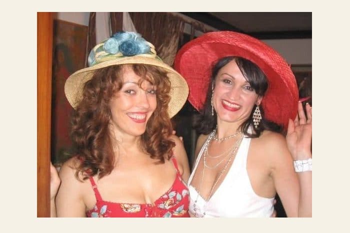 Two women in big hats - the photograph, and the watercolour painted from it