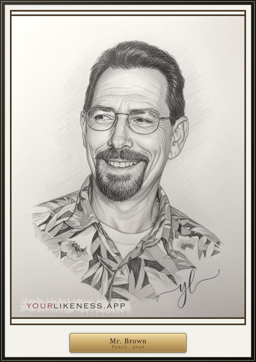 A pencil portrait, framed