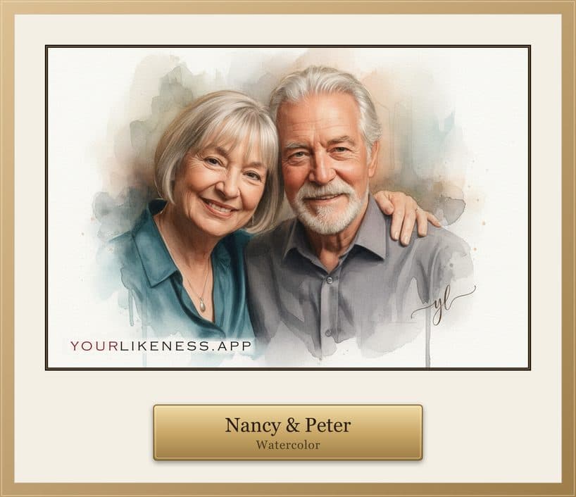 A watercolour portrait of an older couple, framed, with a brass plaque