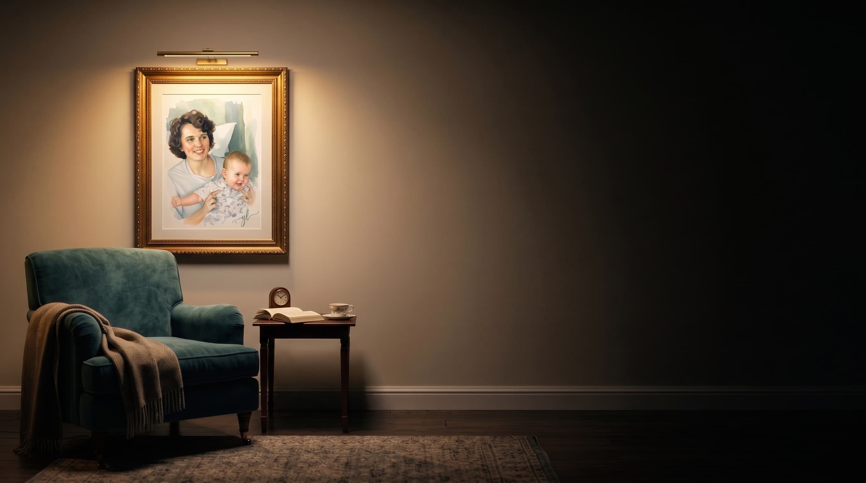 A watercolour portrait of a mother and her baby, framed, lit and hanging in a quiet room in the evening