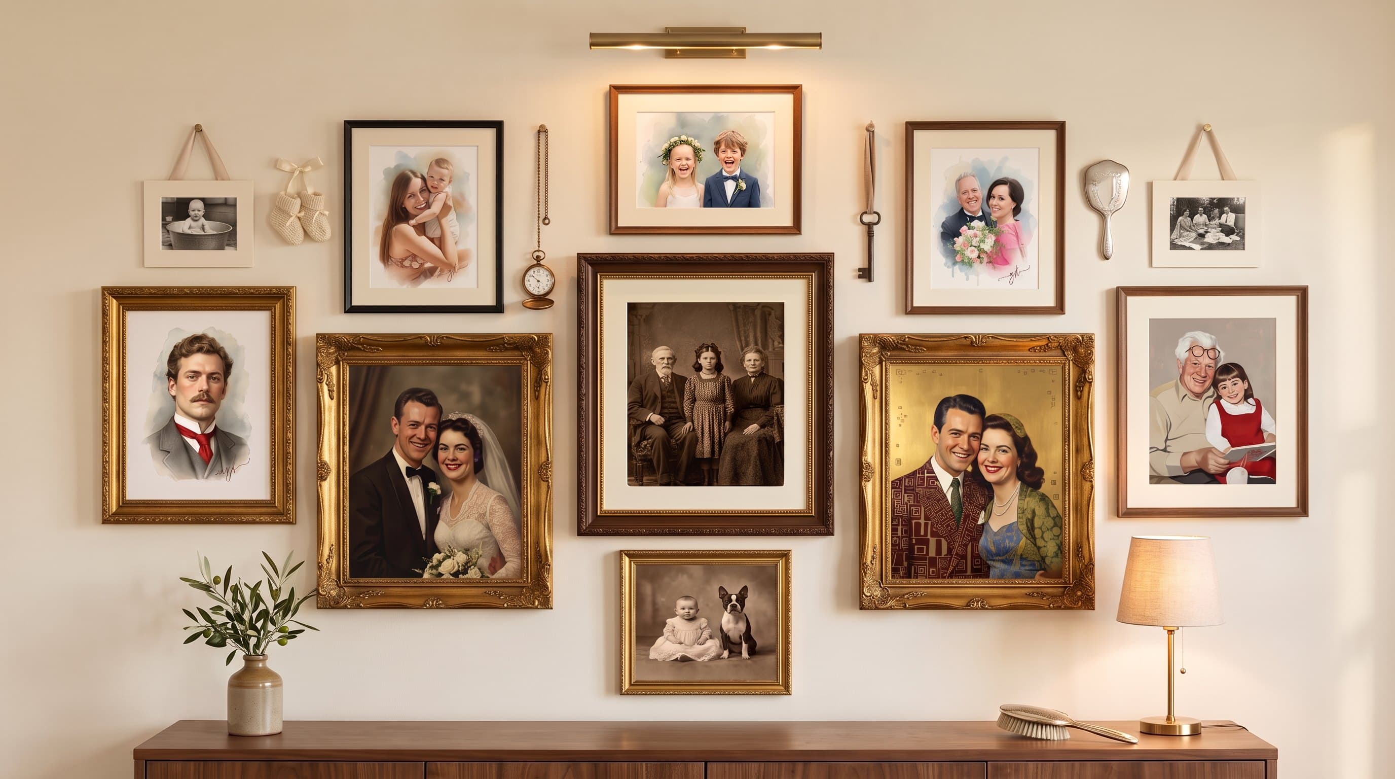 A warm cream wall of framed family portraits in many styles and eras, small old photographs on ribbons, a pocket watch on its chain, above a walnut sideboard with olive branches and a brass lamp