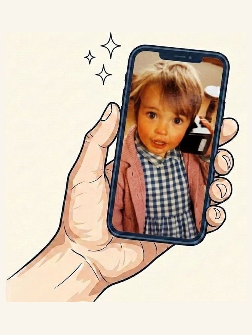 A hand holding a phone showing an old family snapshot of a little girl