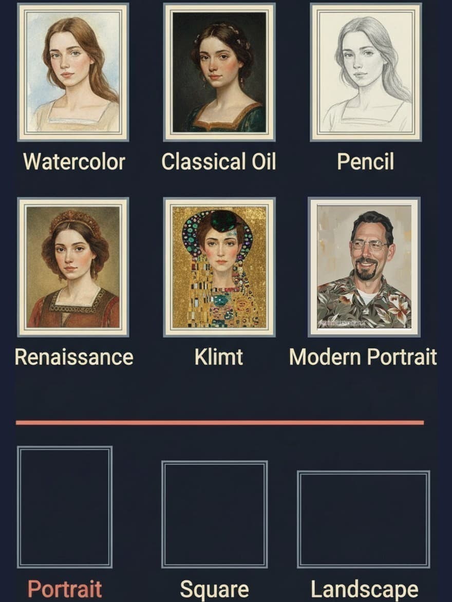 Six small portraits in different painting styles, and three empty frames in three shapes