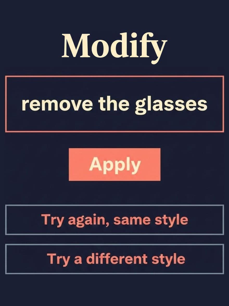 A box with "remove the glasses" typed in it, an Apply button, and two buttons for trying again