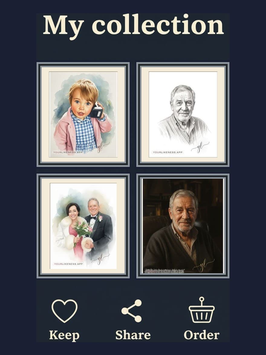 A grid of portraits with share, heart, order and delete icons beneath