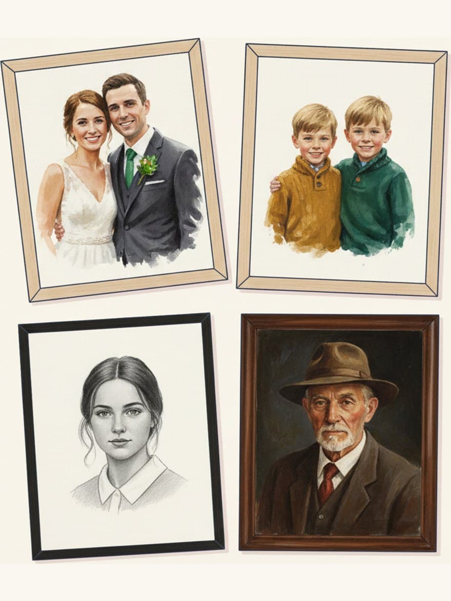 Portraits of several different people, scattered like loose prints